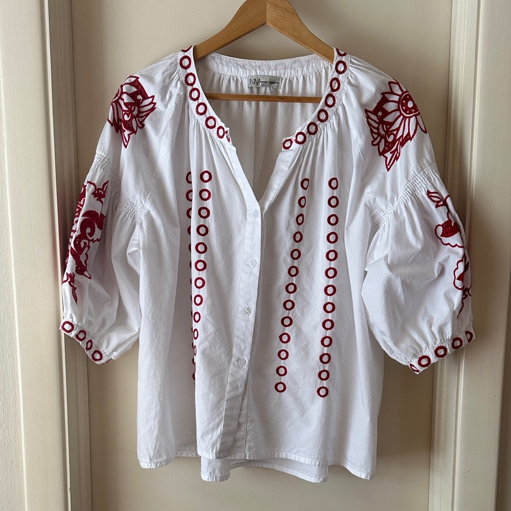 Neiman Marcus 100% Cotton White Peasant Blouse with Red Embroidery